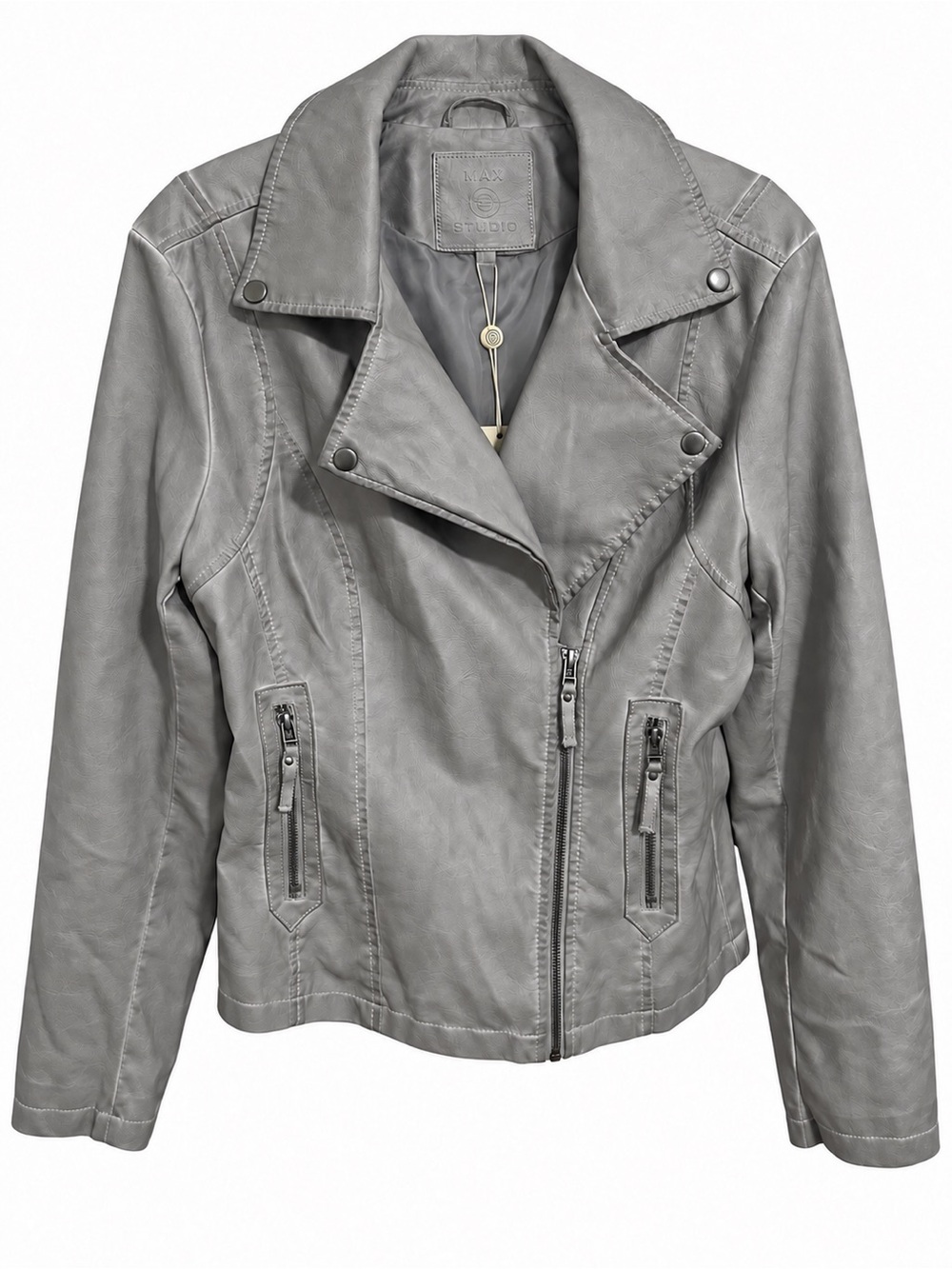 MAX STUDIO NWT SIZE LARGE Women’s Gray Faux Leather Moto Jacket